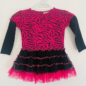 Carter's Kids 3T Zebra Print Long Sleeve Dress‎ with Tulle Skirt Hot Pink Black